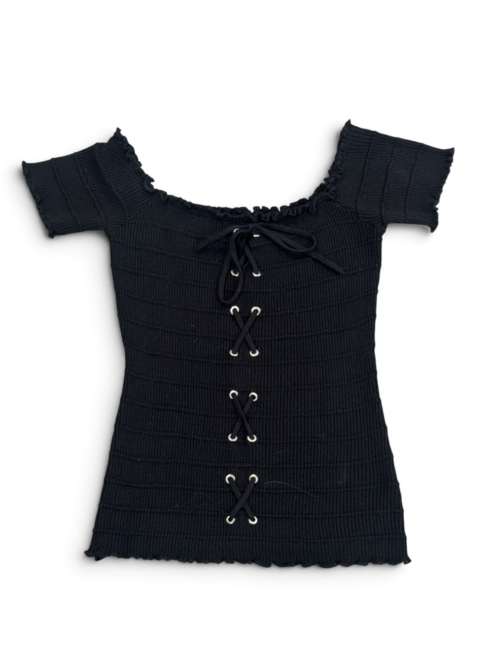 Ambiance Apparel Black Lace-Up Short Sleeve Knit Top Juniors NWT